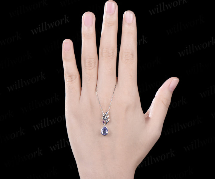 Pear cut Lavender Amethyst necklace white gold two stone leaf unique pendant women anniversary bridal gift