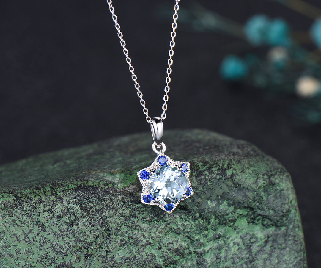Unique Round Cut aquamarine Necklace Minimalist hexagram Halo Blue Sapphire Pendant 14k White Gold Bridal Jewelry Christmas Snow gift