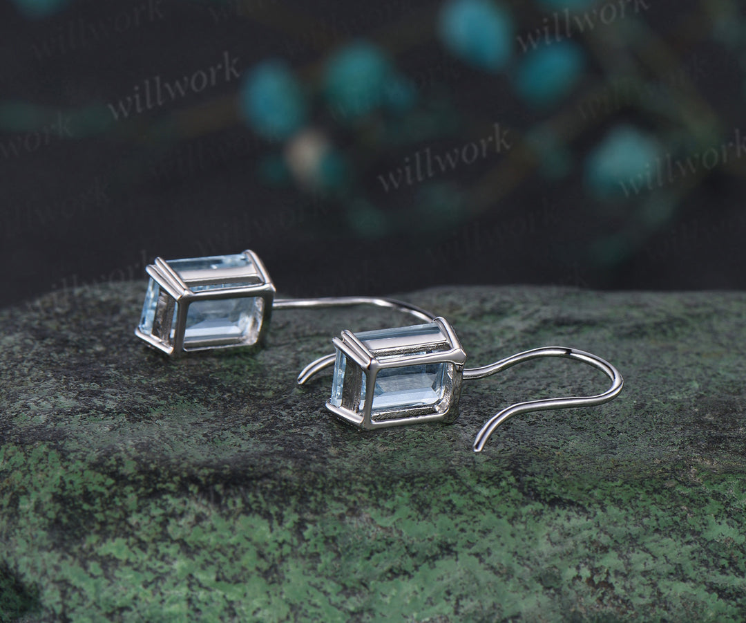 Emerald cut aquamarine stud earrings solid 14k white gold Solitaire Minimalist earrings anniversary gift for women