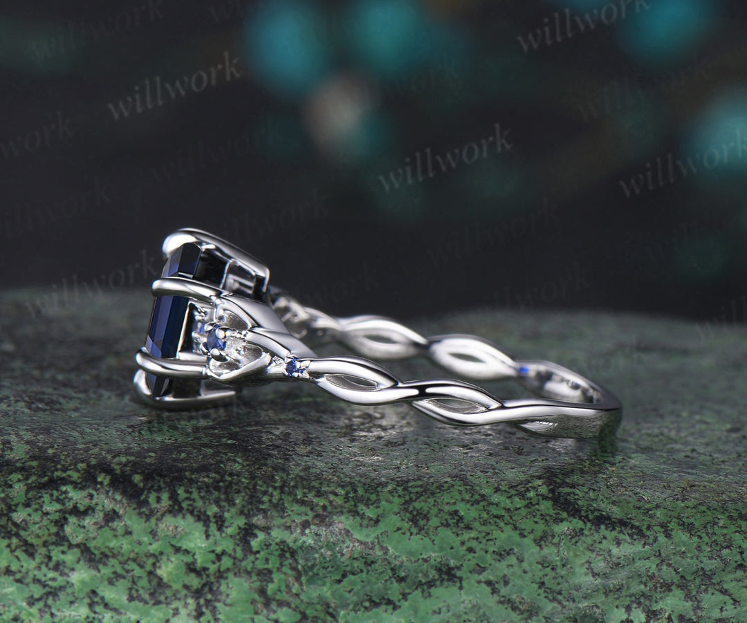 Hexagon cut blue sapphire engagement ring white gold five stone infinity Celtic knot September birthstone anniversary ring women