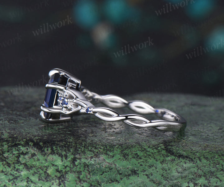 Hexagon cut blue sapphire engagement ring white gold five stone infinity Celtic knot September birthstone anniversary ring women