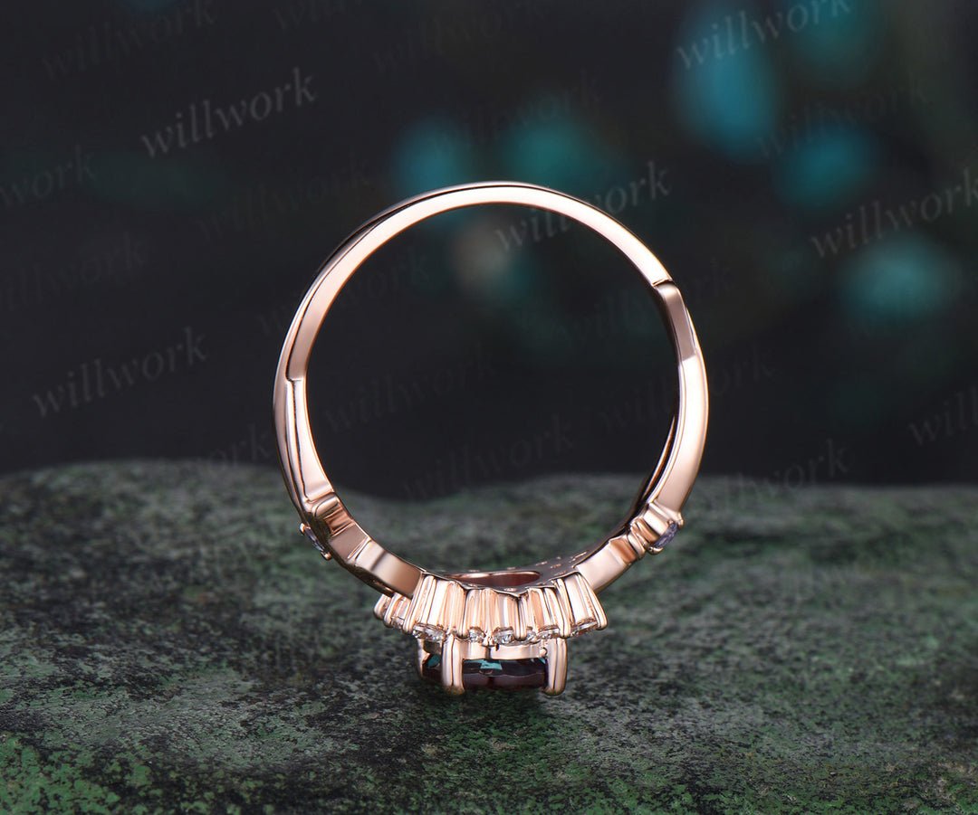 Round cut alexandrite engagement ring rose gold twisted branch vine halo diamond ring vintage promise bridal ring women