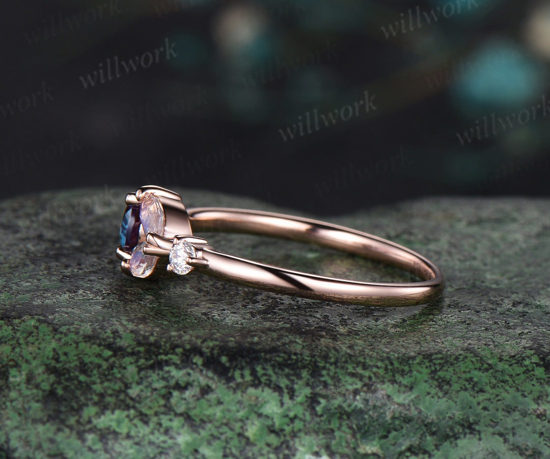 Pear alexandrite engagement ring rose gold five stone moonstone dainty Multi-Stone Rings unique June birthstone anniversary ring women