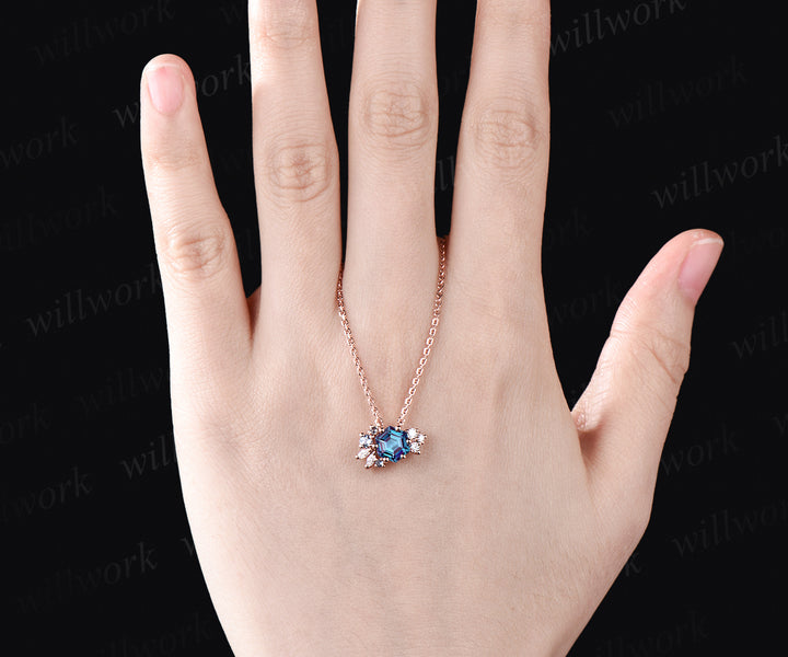 Hexagon alexandrite necklace moissanite art deco cluster pendant 14k/18k rose gold necklace birthstone anniversary gifts for women