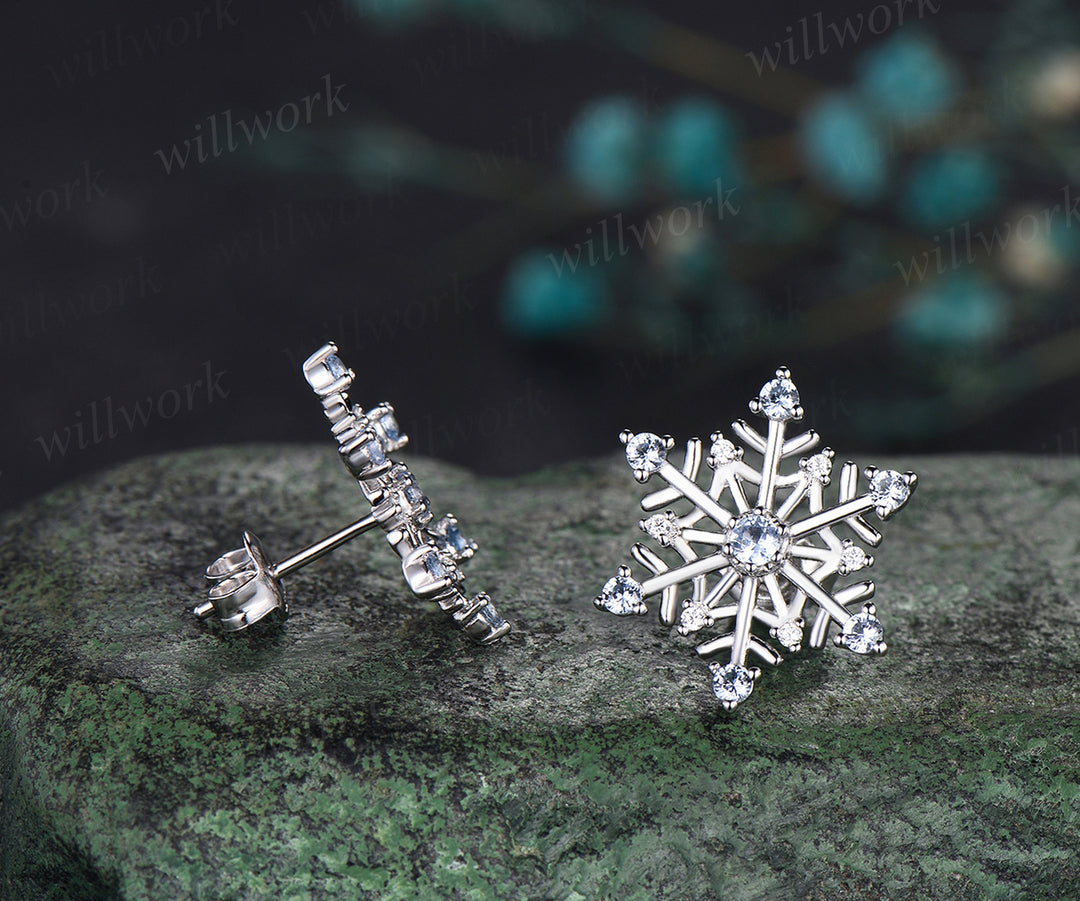 Christmas Snowflake Necklace Earrings Set Christmas Atmosphere Jewelry with a snow blue topaz Christmas Eve Jewelry Gifts for her