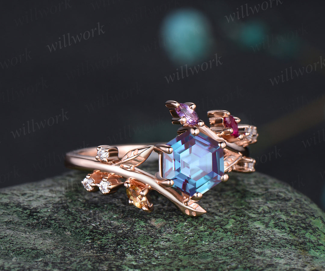 Unique Hexagonal Ring Vine Wrapped Alexandrite Ring 14k Rose Gold Engagement Ring Christmas Gift Anniversary Gift Ring