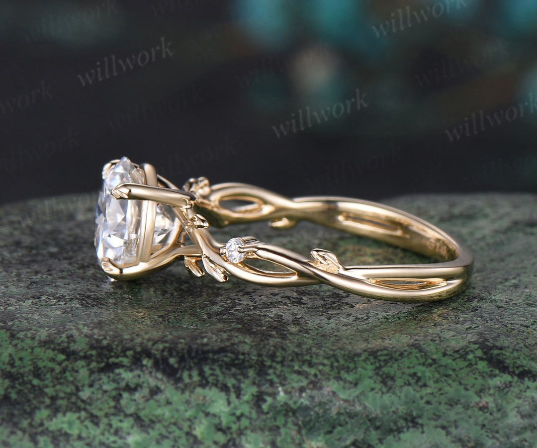 2ct Round cut moissanite engagement ring solid 14k yellow gold leaf claw prong three stone diamond promise wedding ring women