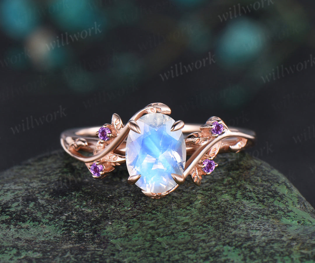 Vintage oval moonstone engagement ring nature inspired leaf amethyst ring wedding band enhancer twisted bridal ring set women