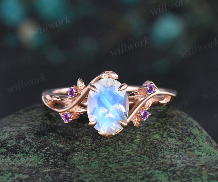 Vintage oval moonstone engagement ring nature inspired leaf amethyst ring wedding band enhancer twisted bridal ring set women