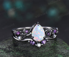 Nature Inspired Pear white opal pearl Bridal Set 14k black gold Unique Twig Vine Teardrop Engagement Ring Ring Set women