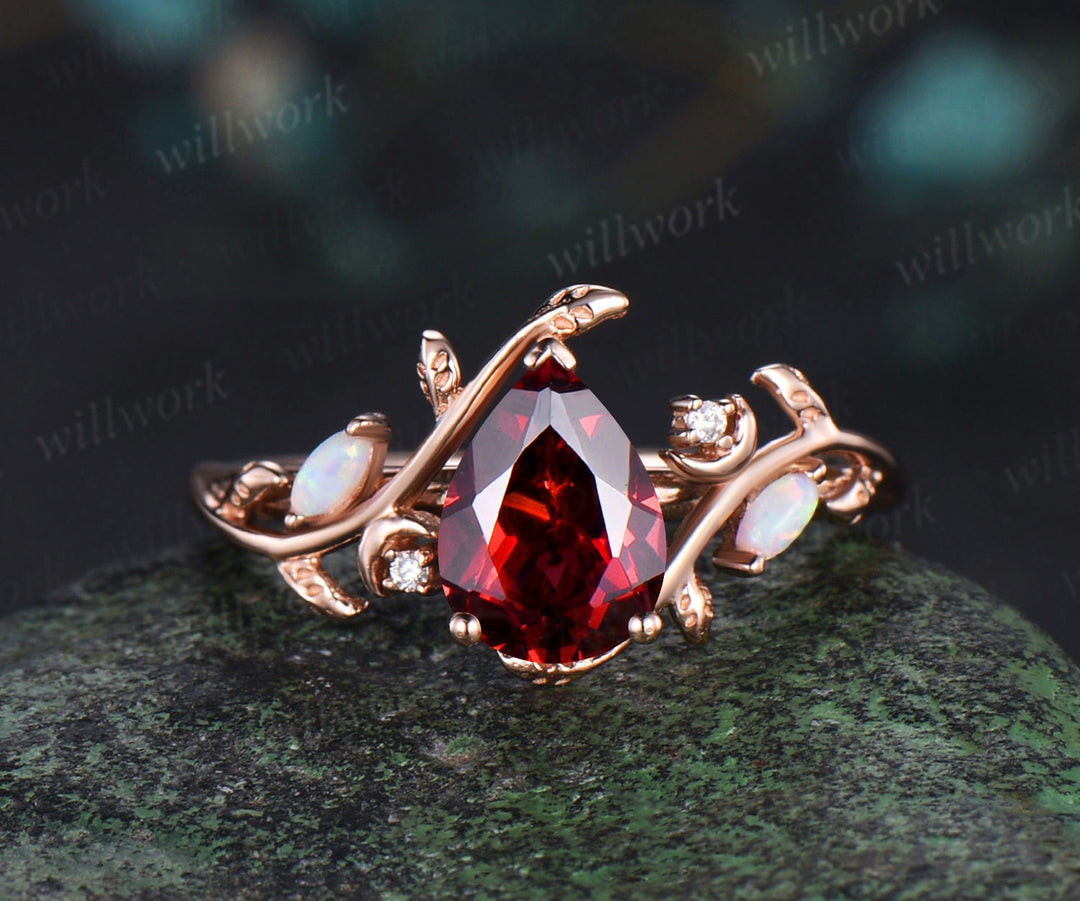 Vintage pear red garnet engagement ring set January birthstone rose gold leaf moon opal ring women