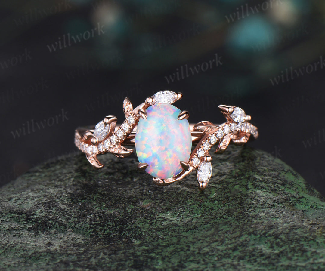 Vintage Oval white opal engagement ring rose gold art deco leaf nature inspired half eternity diamond anniversary ring women gift