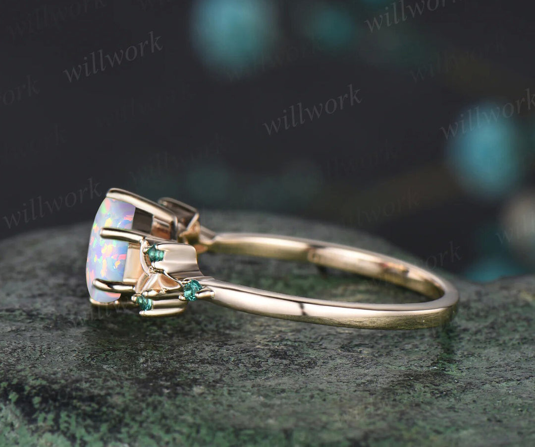 Hexagon Cut Opal Engagement Ring October birthstone Celtic Knot Wedding Ring Emerald Seven Stone Bridal Ring