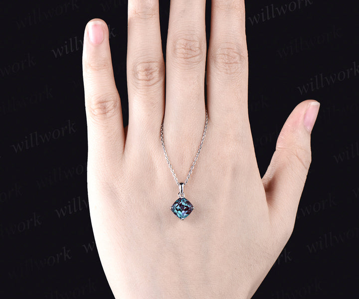 Dainty cushion cut alexandrite necklace solid 14k 18k white gold June birthstone pendant for women anniversary gifts