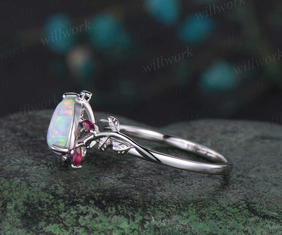 Pear shaped opal engagement ring white gold leaf branch marquise ruby wedding anniversary ring women gift