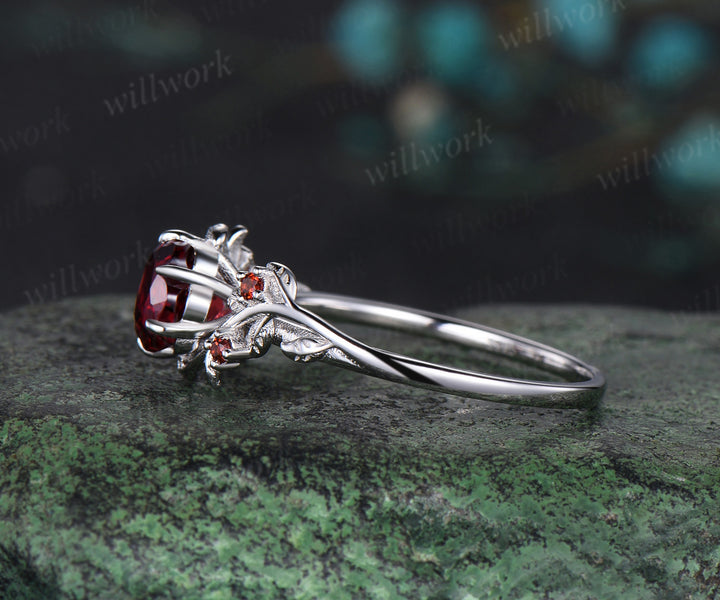 Floral shaped red garnet engagement ring white gold leaf nature inspired five stone January birthstone ring women gift