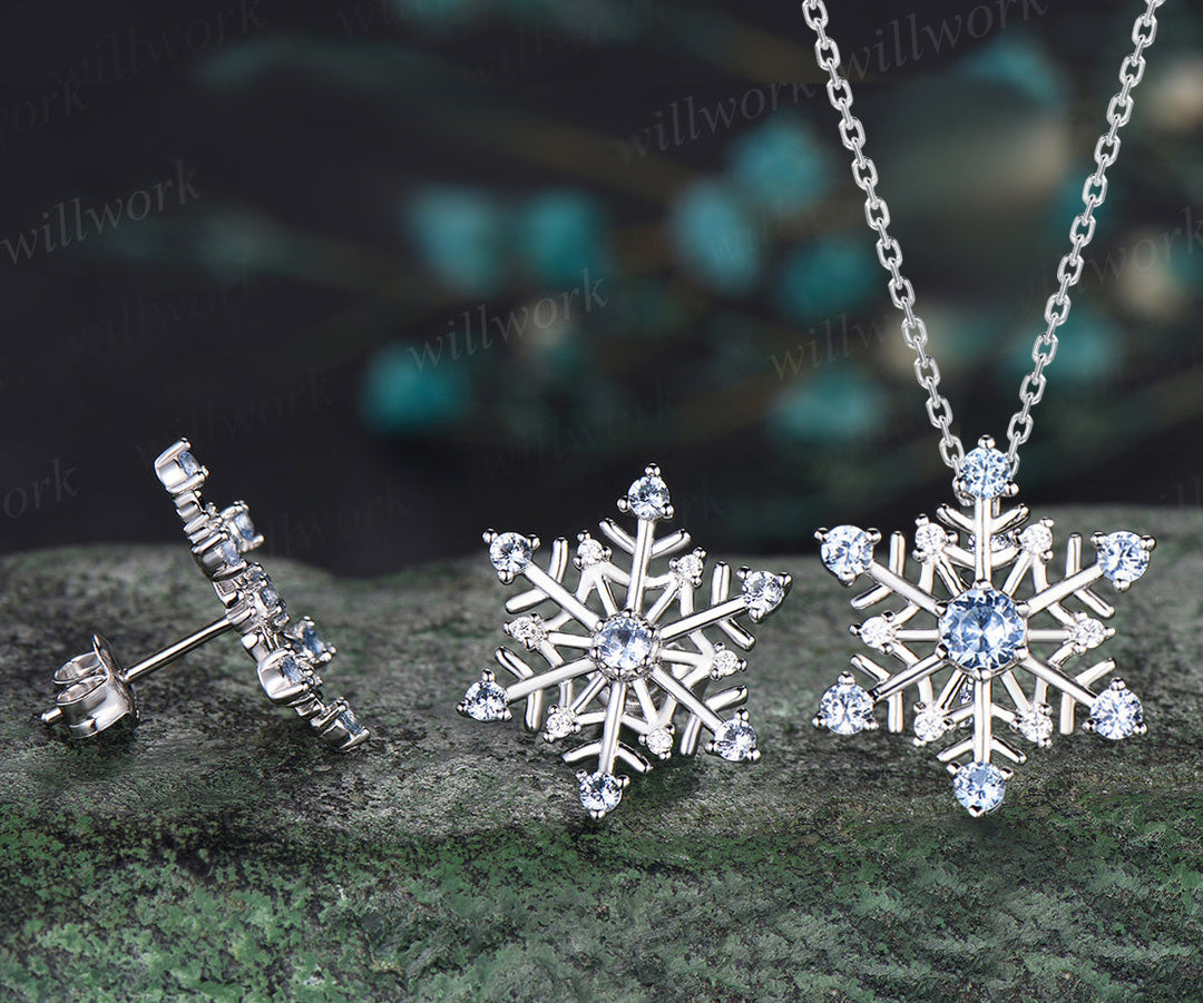 Christmas Snowflake Necklace Earrings Set Christmas Atmosphere Jewelry with a snow blue topaz Christmas Eve Jewelry Gifts for her