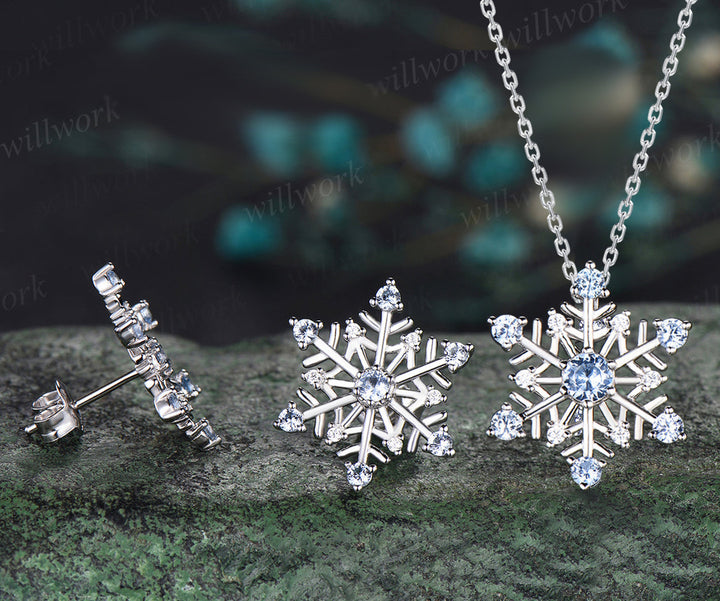 Christmas Snowflake Necklace Earrings Set Christmas Atmosphere Jewelry with a snow blue topaz Christmas Eve Jewelry Gifts for her