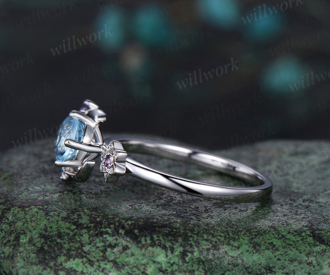 Round cut aquamarine engagement ring white gold moon amethyst ring vintage floral diamond wedding anniversary ring gift