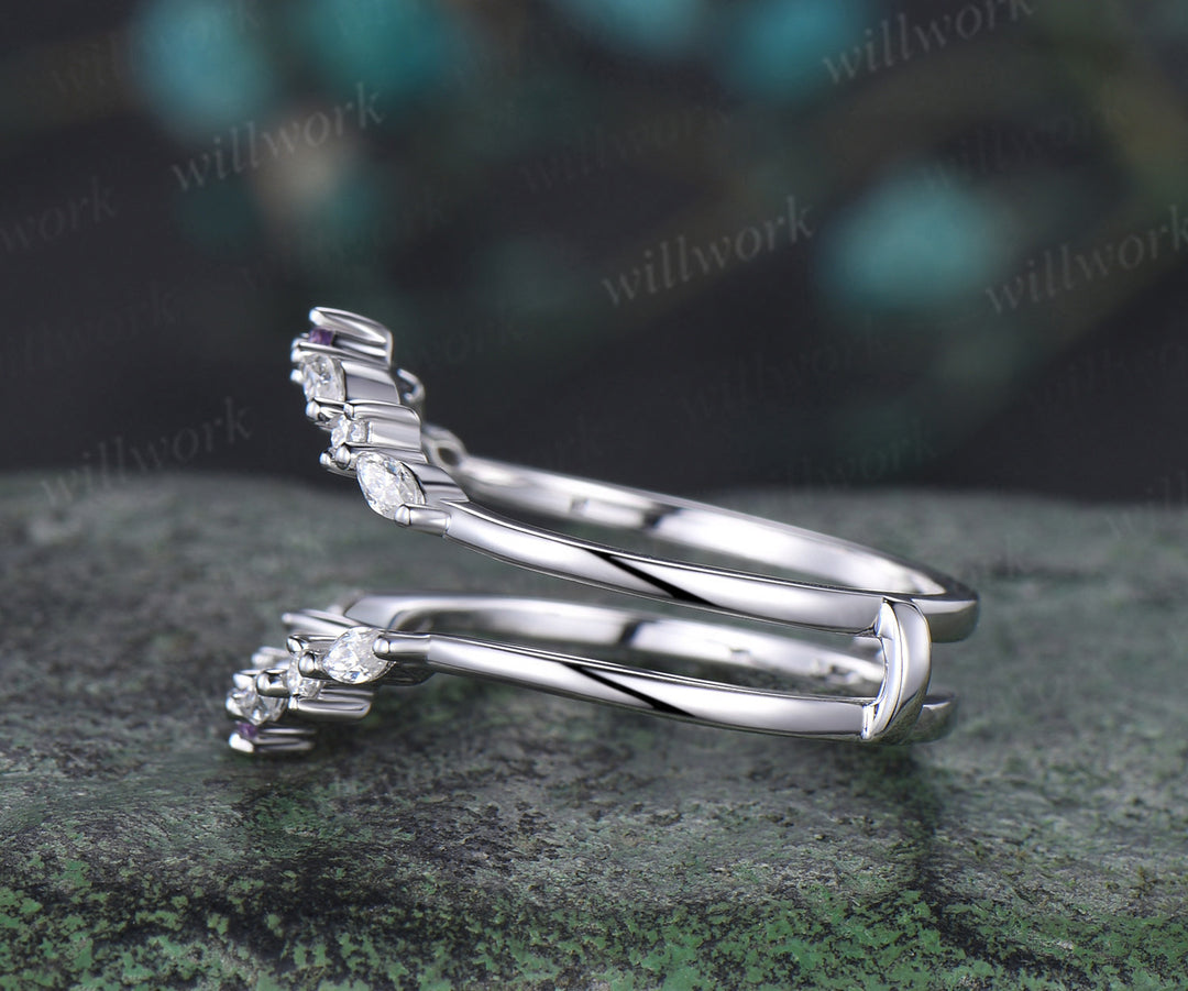 Double curved diamond wedding band enhancer wraps solid 14k white gold amethyst wedding ring band women anniversary gift