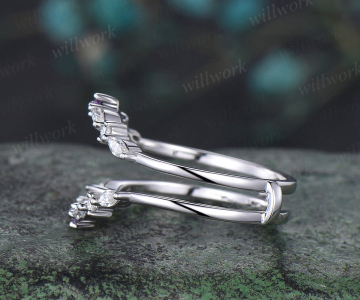 Double curved diamond wedding band enhancer wraps solid 14k white gold amethyst wedding ring band women anniversary gift