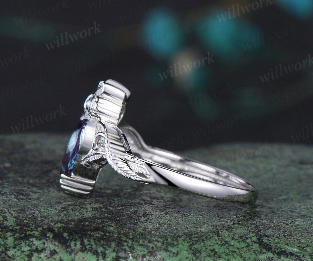 Vintage pear cut Alexandrite Engagement Ring white gold Owl leaf wing twisted Solitaire wedding anniversary ring women gift