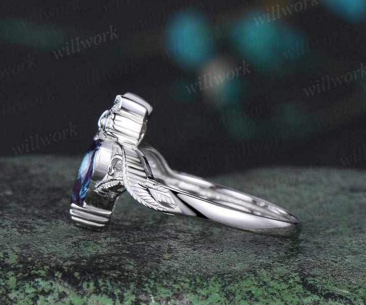 Vintage pear cut Alexandrite Engagement Ring white gold Owl leaf wing twisted Solitaire wedding anniversary ring women gift