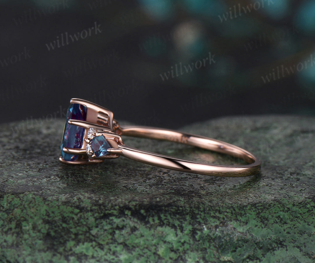 Hexagon cut Alexandrite engagement ring solid kite 6 prong 14k rose gold diamond ring unique promise wedding ring women