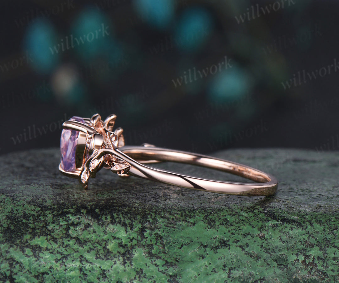 Vintage heart shaped Lavender Amethyst engagement ring rose gold twig leaf Nature inspired moon diamond anniversary ring women gift