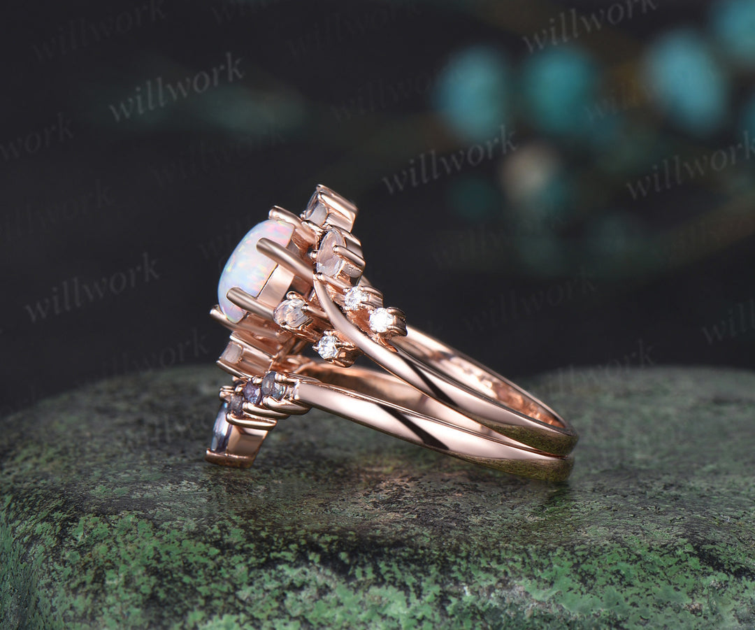 Round white opal engagement ring 14k rose gold twisted art deco cluster moonstone alexandrite bridal wedding ring set women