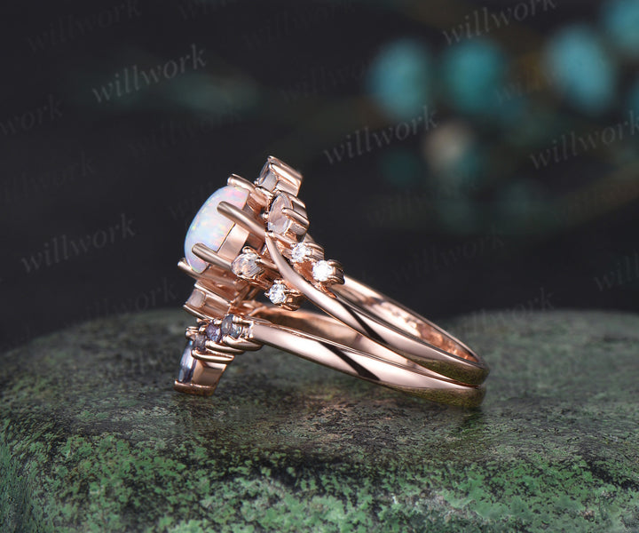 Round white opal engagement ring 14k rose gold twisted art deco cluster moonstone alexandrite bridal wedding ring set women