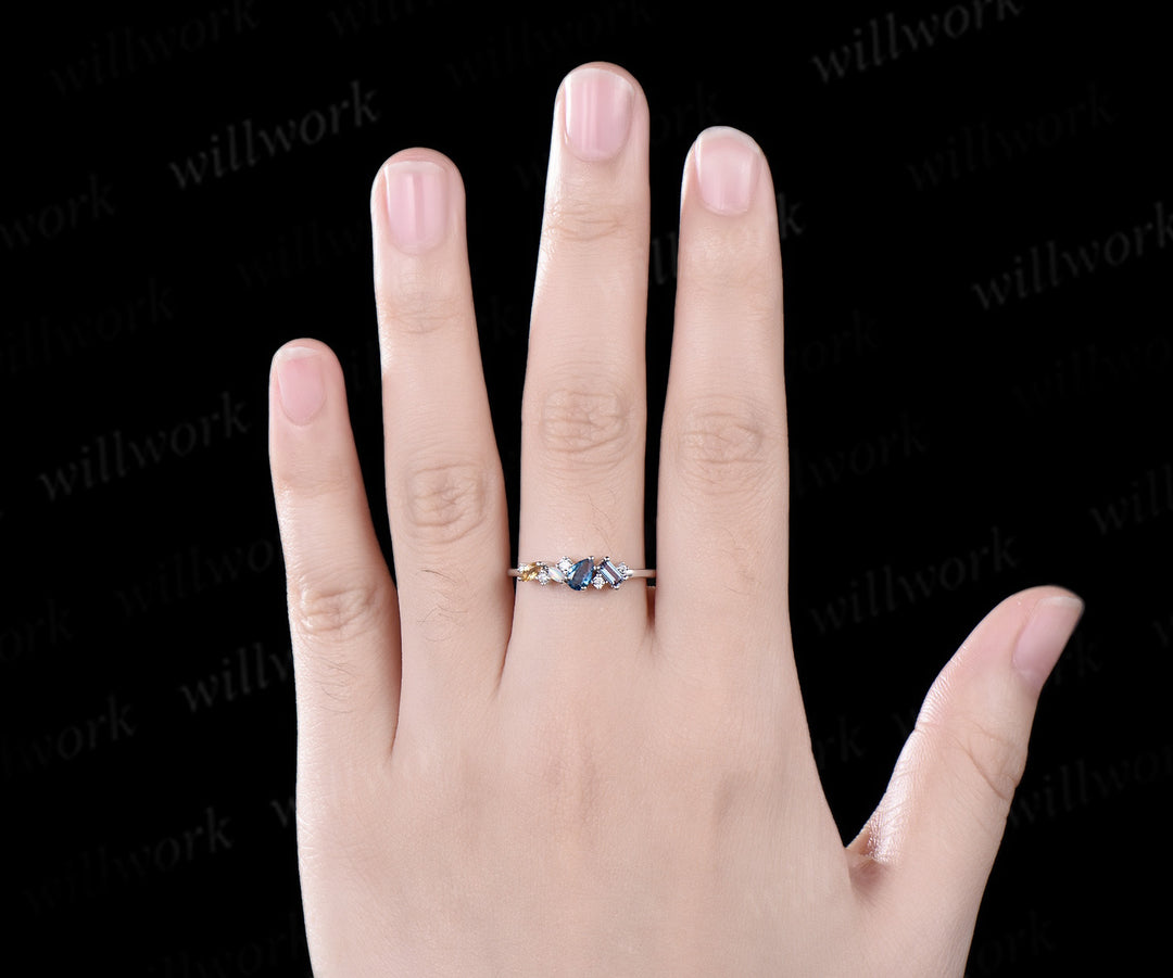 14k white gold pear London blue topaz alexandrite opal citrine moissanite wedding band Multi-Stone Ring anniversary engagement ring gift