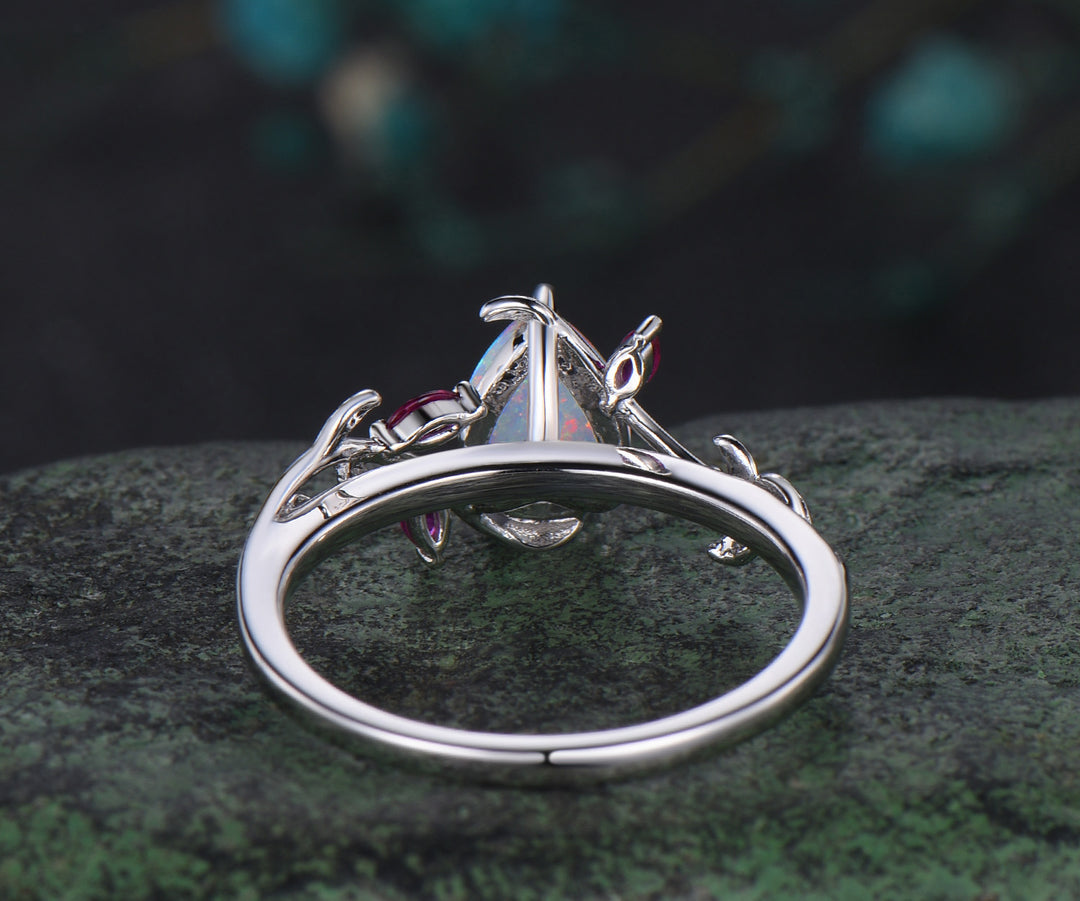 Pear shaped opal engagement ring white gold leaf branch marquise ruby wedding anniversary ring women gift