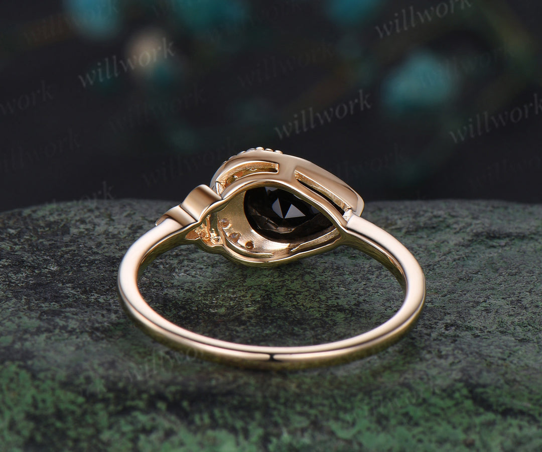 Pear shaped black onyx engagement ring solid 14k yellow gold bezel moon Celtic knot wedding ring women gemstone