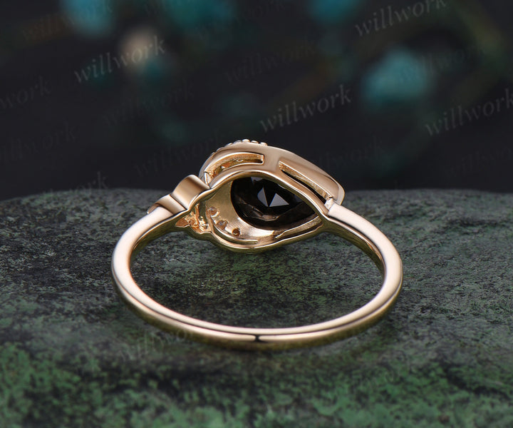 Pear shaped black onyx engagement ring solid 14k yellow gold bezel moon Celtic knot wedding ring women gemstone