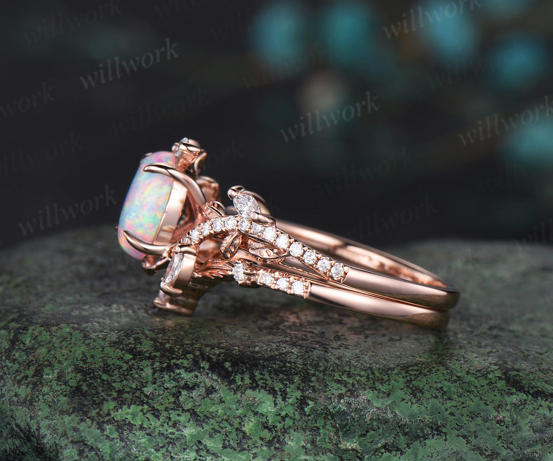 Vintage Oval white opal engagement ring rose gold art deco leaf nature inspired half eternity diamond anniversary ring women gift