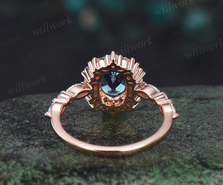 Oval cut alexandrite engagement ring halo diamond ring vintage Baguette cut opal ring rose gold women unique bridal anniversary gift jewelry
