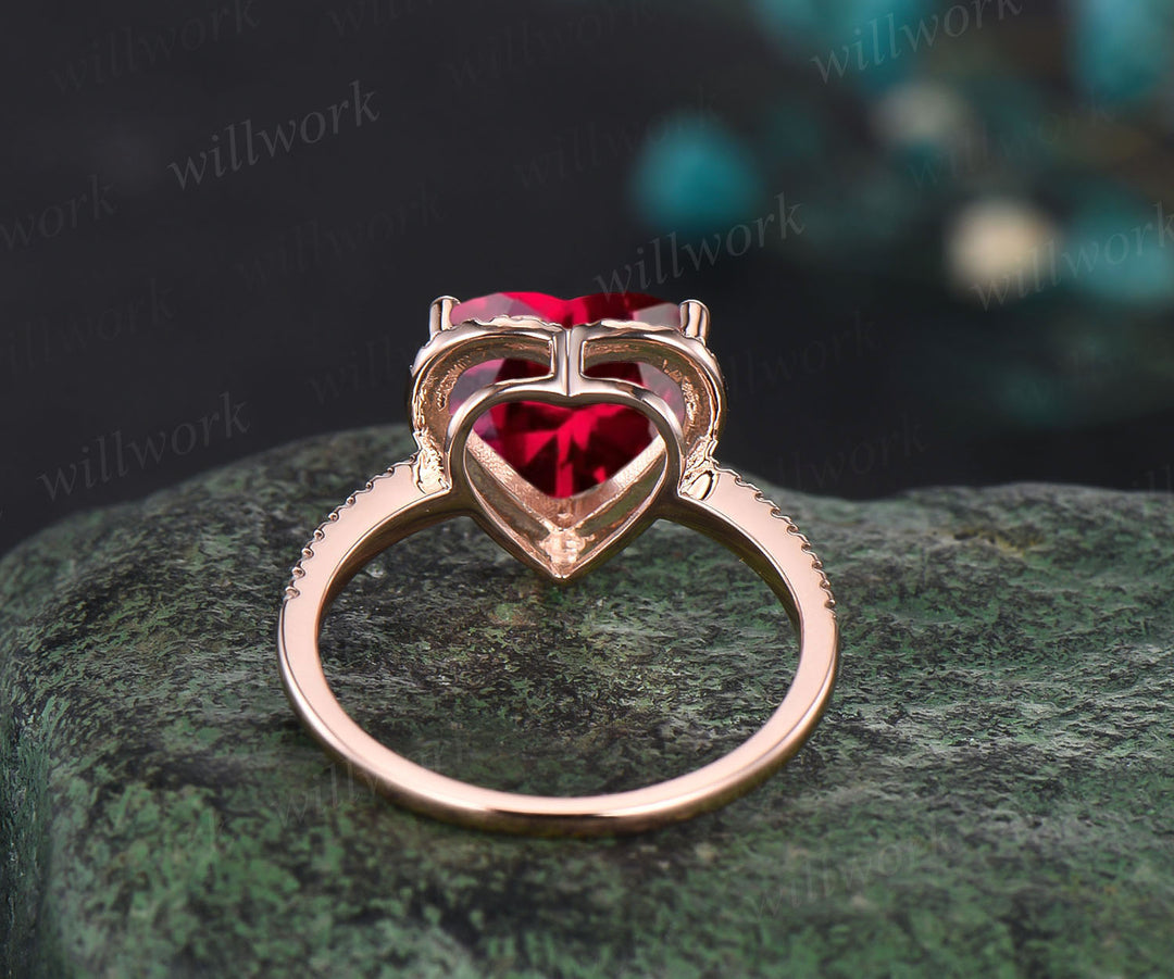 Ruby Engagement Ring-Handmade Solid 14k Rose Gold Ring-Real Floral Moissanites Red Heart Shaped Cut Gemstone Promise Ring