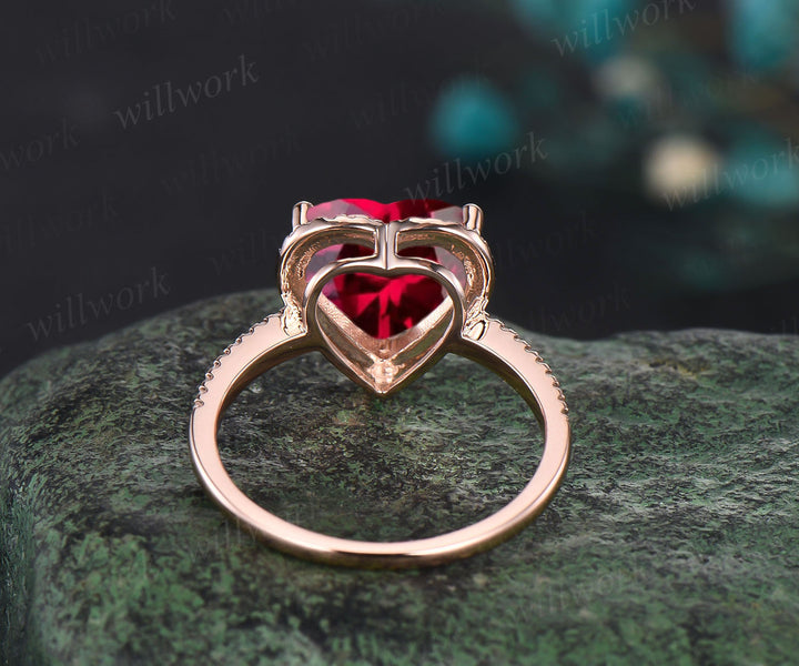 Ruby Engagement Ring-Handmade Solid 14k Rose Gold Ring-Real Floral Moissanites Red Heart Shaped Cut Gemstone Promise Ring