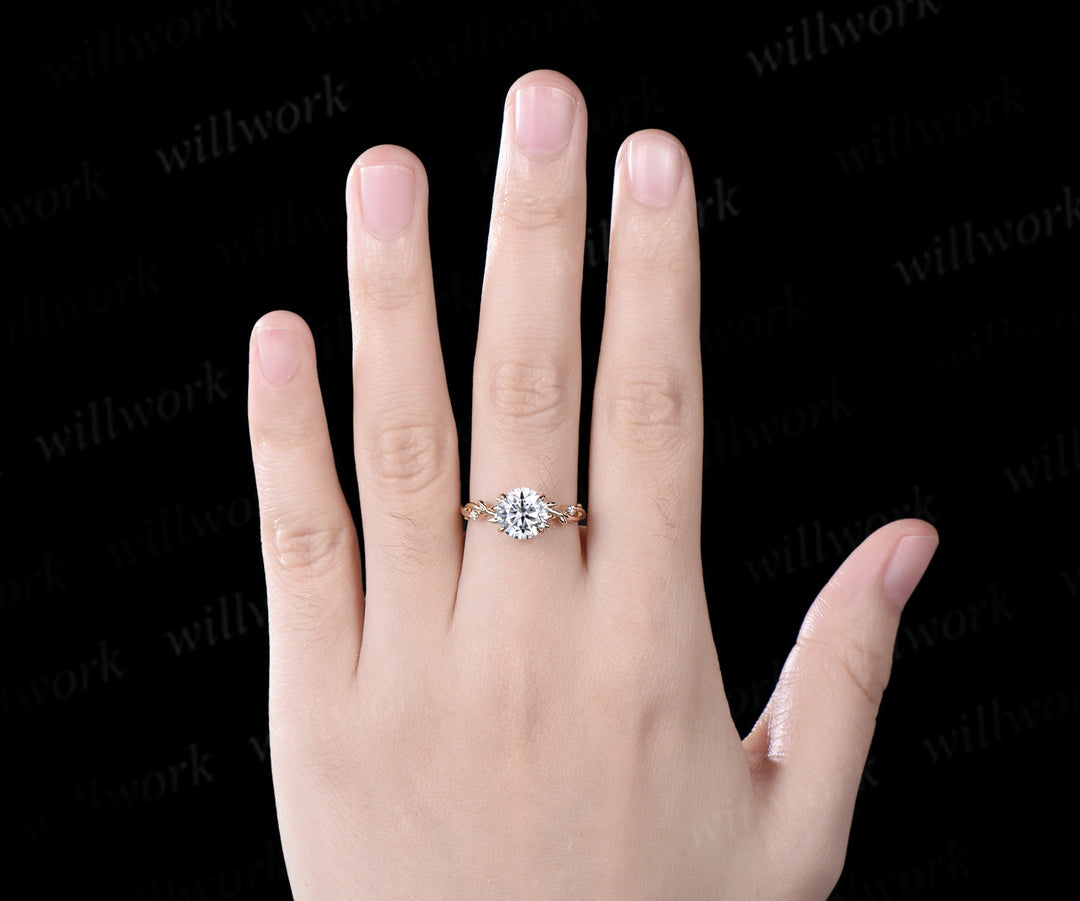2ct Round cut moissanite engagement ring solid 14k yellow gold leaf claw prong three stone diamond promise wedding ring women