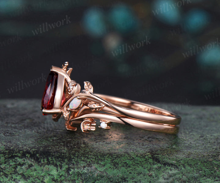 Vintage pear red garnet engagement ring set January birthstone rose gold leaf moon opal ring women