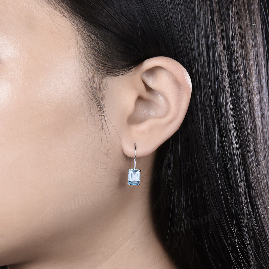 Emerald cut aquamarine stud earrings solid 14k white gold Solitaire Minimalist earrings anniversary gift for women