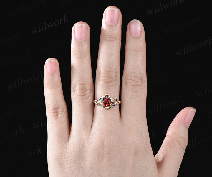 Unique round cut garnet engagement ring floral leaf art deco sapphires ring nature inspired wedding ring for women birthstone gifts