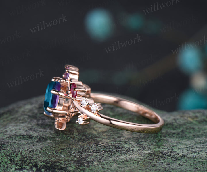 Unique Hexagonal Ring Vine Wrapped Alexandrite Ring 14k Rose Gold Engagement Ring Christmas Gift Anniversary Gift Ring
