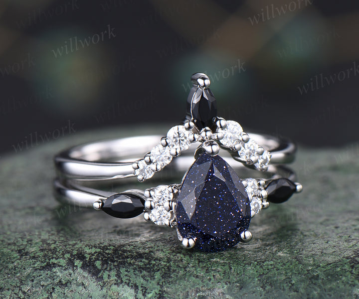 Vintage blue sandstone engagement ring set unique Galaxy blue gem ring curved moissanites wedding band bridal wedding set anniversary gifts