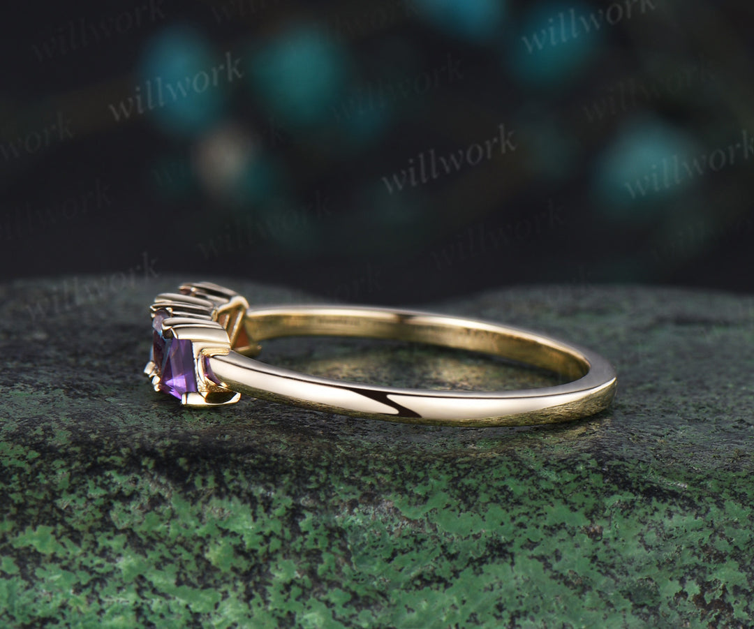 Trilliant cut garnet alexandrite amethyst ring solid 14k yellow gold five stone birthday gift Multi-Stone Rings anniversary ring women gift
