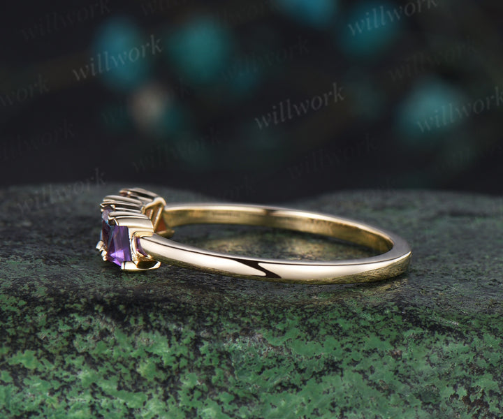 Trilliant cut garnet alexandrite amethyst ring solid 14k yellow gold five stone birthday gift Multi-Stone Rings anniversary ring women gift
