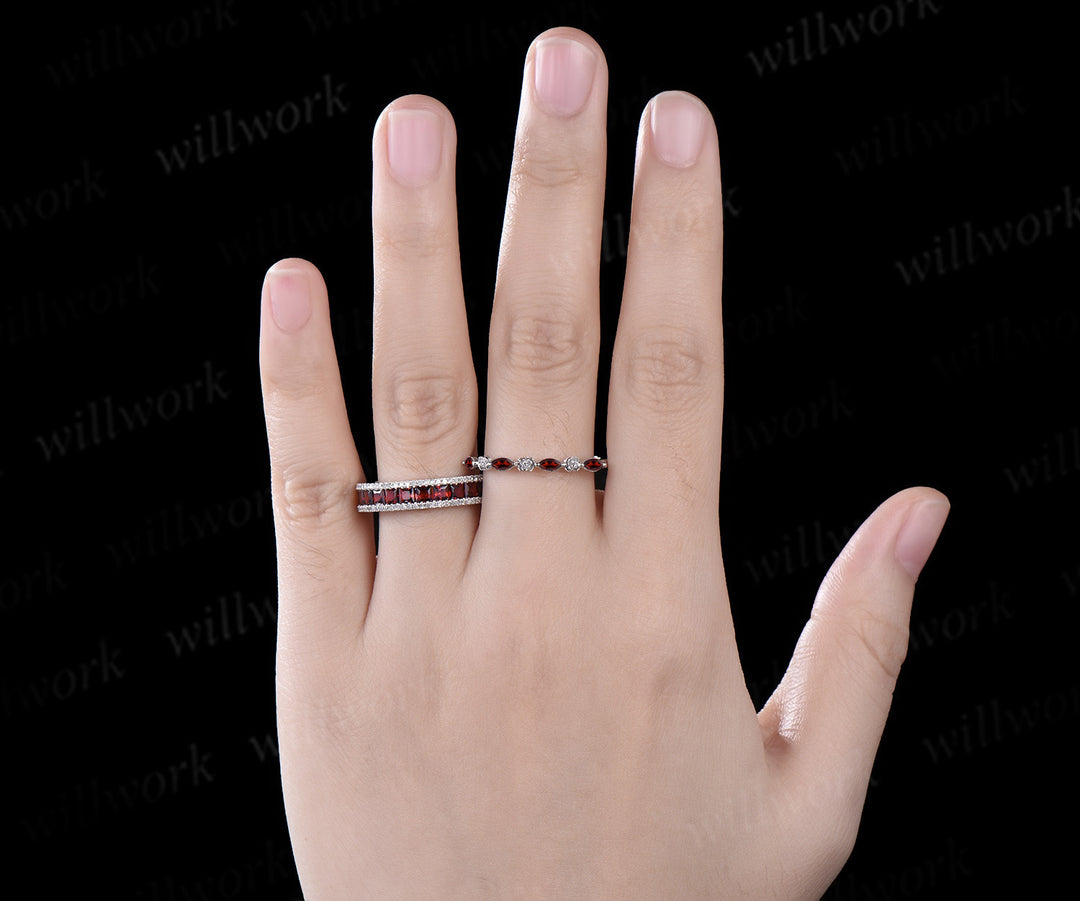 Princess cut garnet full eternity band dainty garnet rose floral wedding ring dazzling romantic ring set for couple