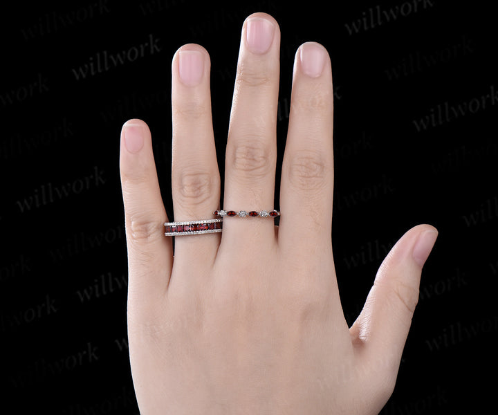Princess cut garnet full eternity band dainty garnet rose floral wedding ring dazzling romantic ring set for couple