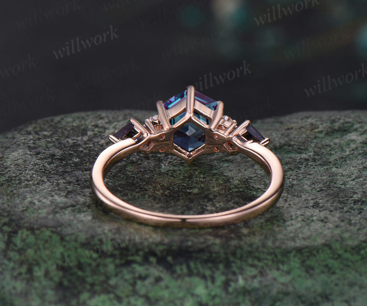 Hexagon cut Alexandrite engagement ring solid kite 6 prong 14k rose gold diamond ring unique promise wedding ring women